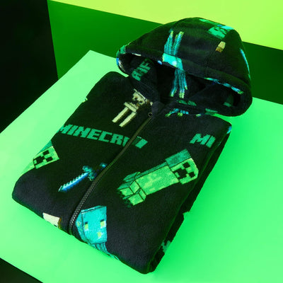 Minecraft Fleece Jumpsuit Kinder Jungen Schlafoverall mit Kapuze, Gamer Geschenke für Kinder Teenage