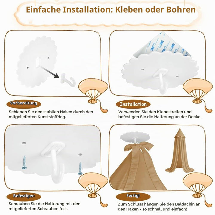 HOTUT Kinderzimmer Baldachin Vintage Nougat,Prinzessin Kinderbetthimmel mit Rüschen,Betthimmel Babyb
