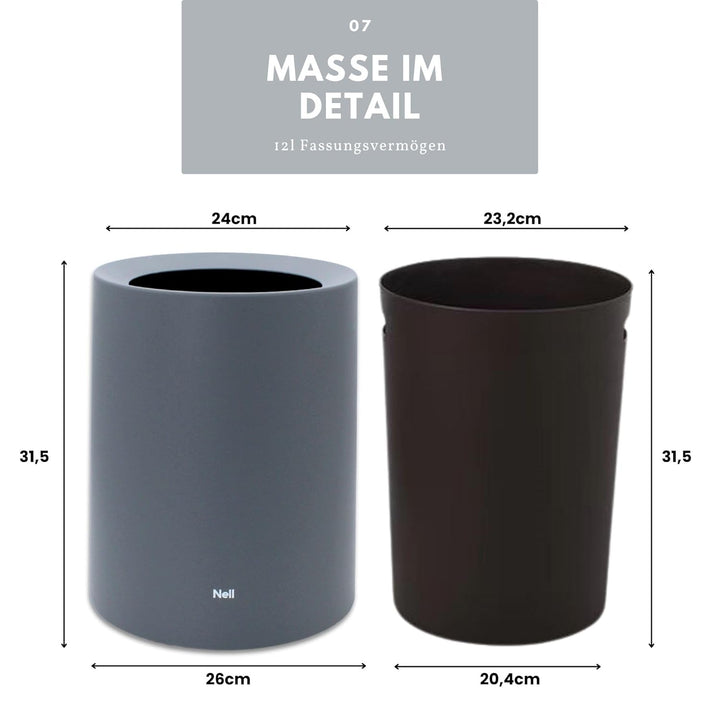 Nell 12L Mülleimer Büro Grau Matt – Ideal für Büro, Küche und Wohnzimmer, Eleganter und vielseitiger
