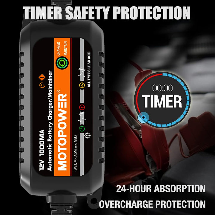 MOTOPOWER MP00205B 12 V 1000 mA Ladegerät/Batterieerhaltung, vollautomatisch, Schwarz b) - 12V 1000m