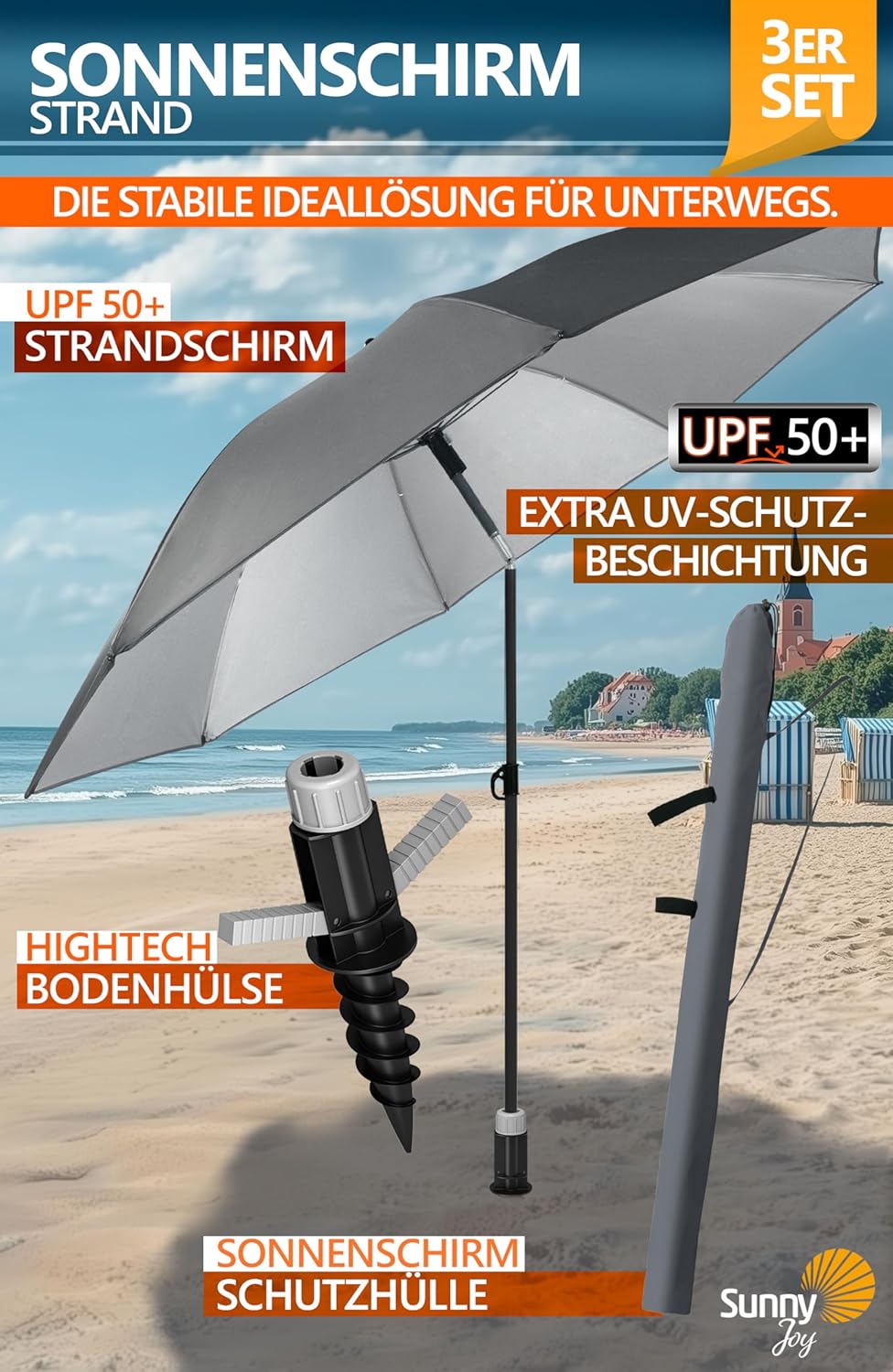 4smile Sunnyjoy Sonnenschirm Strand 3-IN-1 Set - Strandschirm windfest stabil, UPF 50+ Sonnenschirm