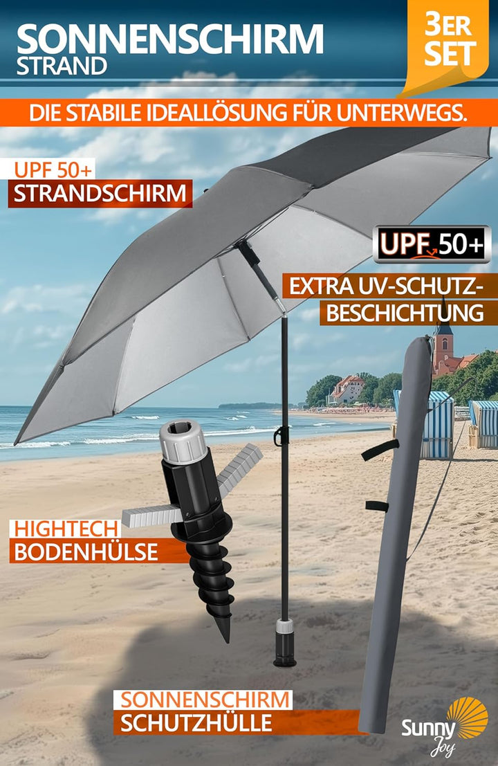 4smile Sunnyjoy Sonnenschirm Strand 3-IN-1 Set - Strandschirm windfest stabil, UPF 50+ Sonnenschirm