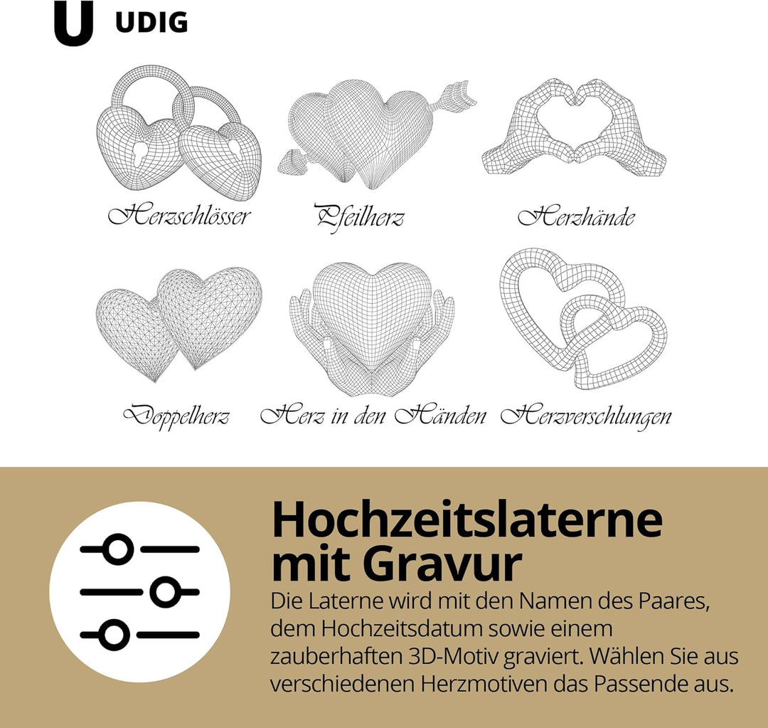 UDIG Laterne mit Gravur aus Metall, weiss, 28x15,5x15,5 cm, Hochzeitslaterne, persönliche Hochzeitsg