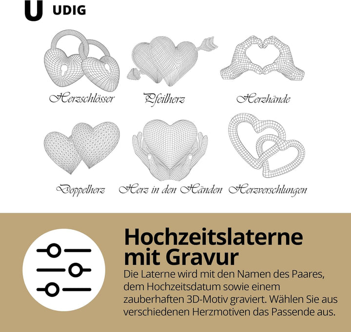 UDIG Laterne mit Gravur aus Metall, weiss, 28x15,5x15,5 cm, Hochzeitslaterne, persönliche Hochzeitsg
