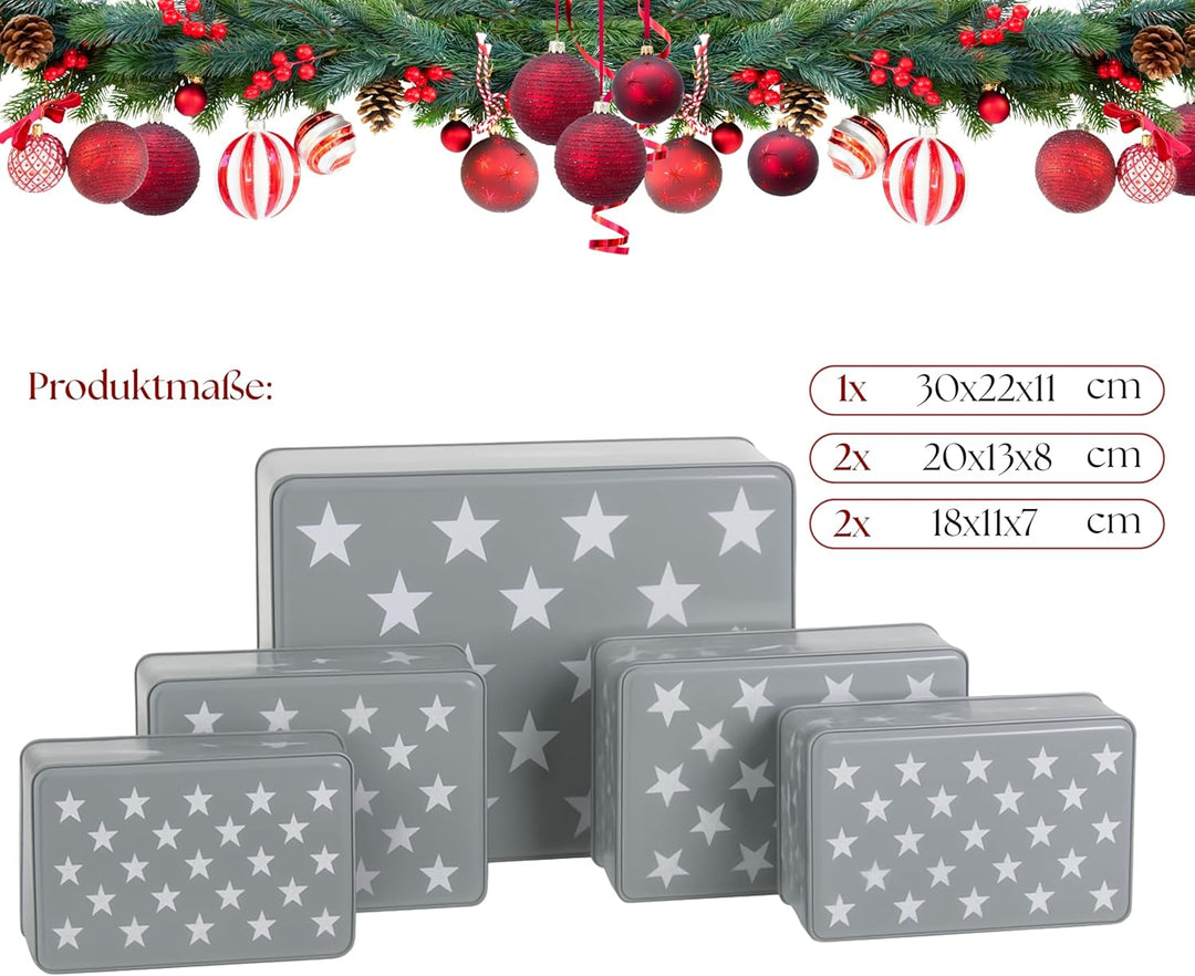 Brandsseller 5er Set Keksdose rechteckig Weihnachtsdose Plätzchendose Gebäckdose Metall Sterne 5er S