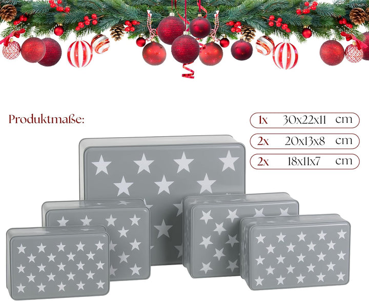 Brandsseller 5er Set Keksdose rechteckig Weihnachtsdose Plätzchendose Gebäckdose Metall Sterne 5er S