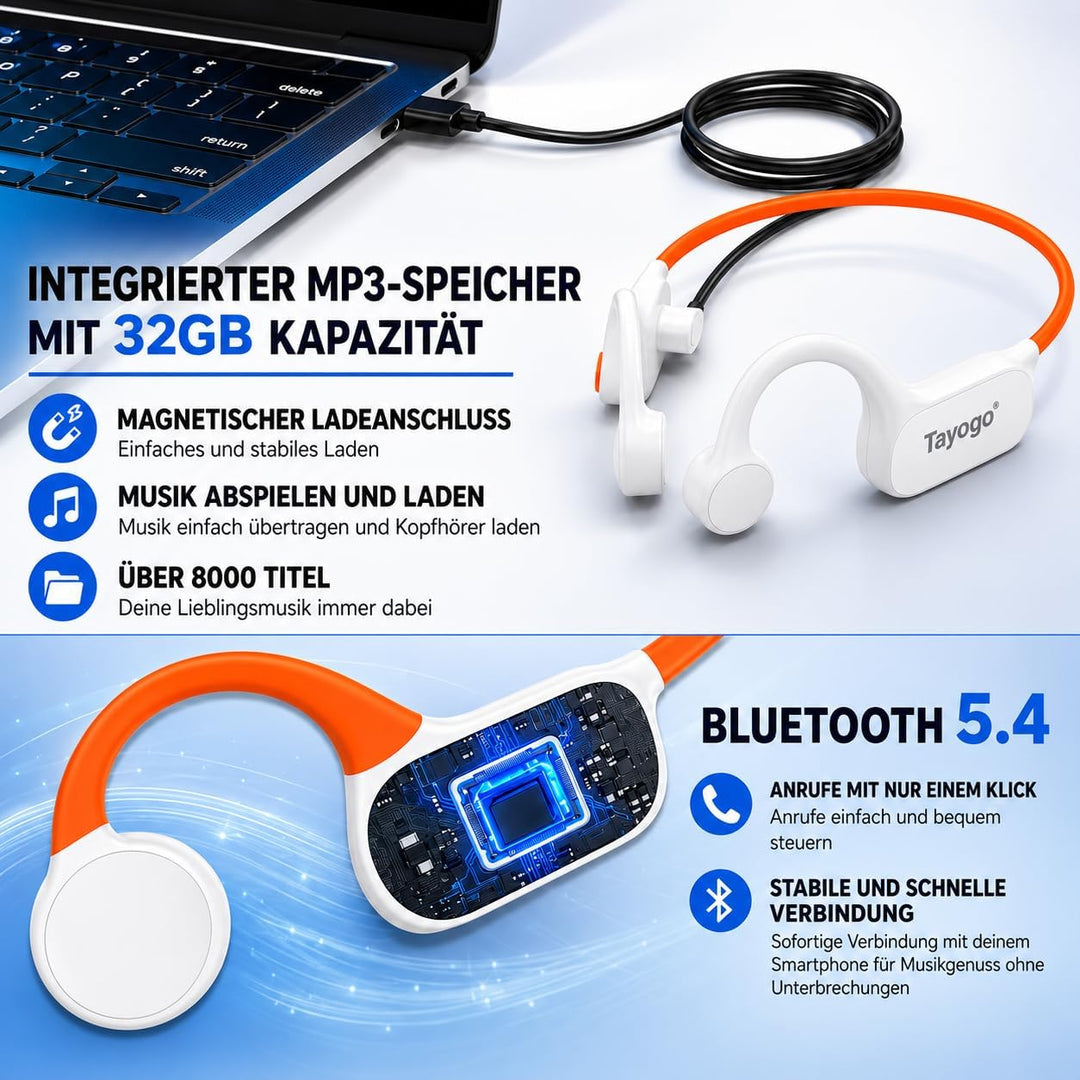 Tayogo Knochenschall Kopfhörer – Wasserdichte Schwimmkopfhörer mit Bluetooth &amp; 32GB MP3, IPX68 Unter