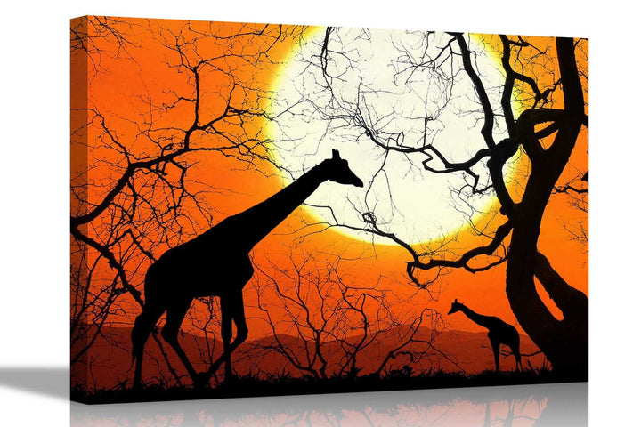 Leinwandbilder mit Giraffen, Bäume und Sonne, gerahmt, Wandkunst, Heimbüro, Arbeitsposter, Kunstwerk