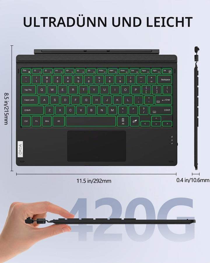 ORDA Surface Pro 7 Tastatur, Kompatibel mit Surface Pro 7+/7/6/5/4 mit Multi-Geste-Trackpad, 12.3 Zo
