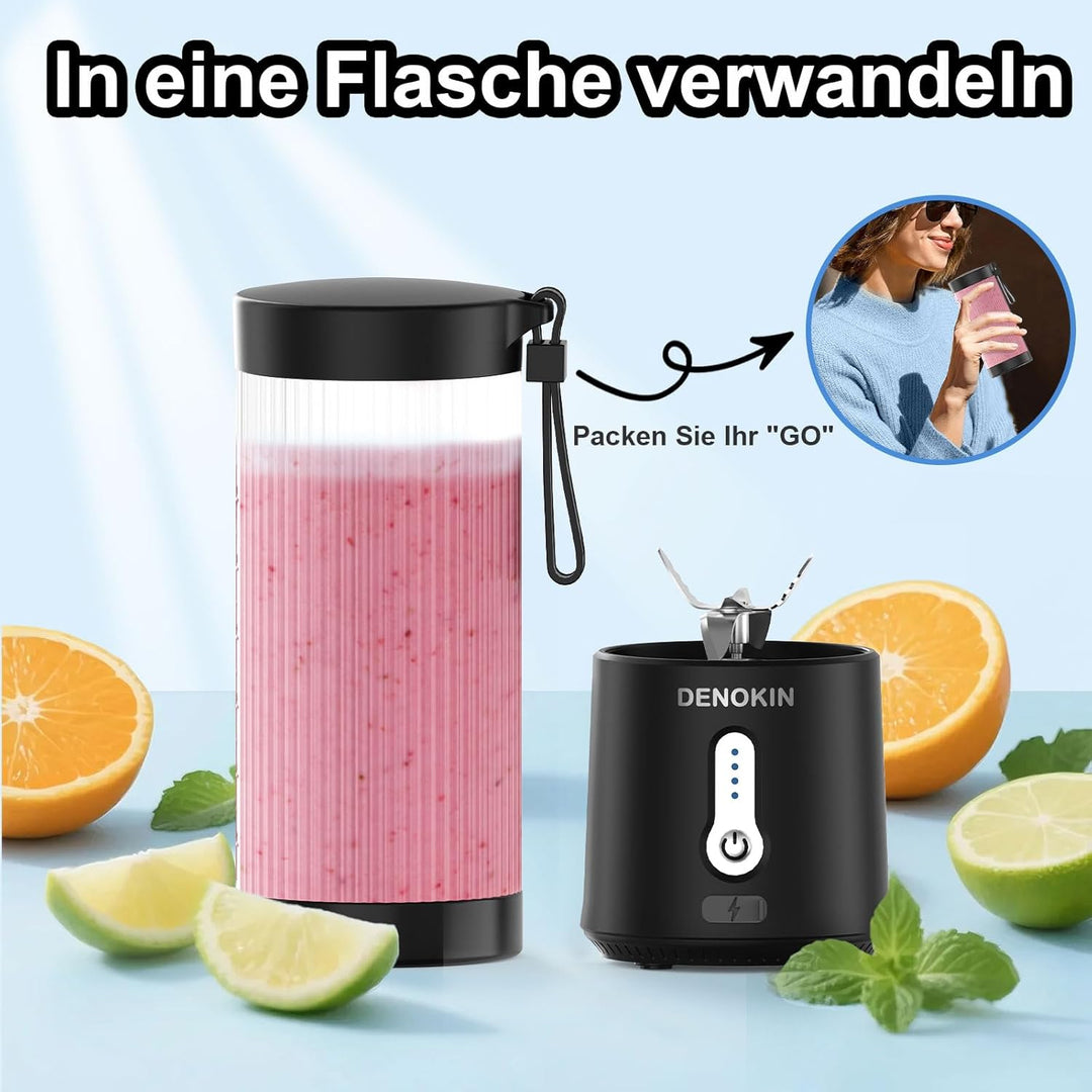 DENOKIN Tragbarer Mixer to Go/Blender/Smoothie Maker, 450ml Becher, Kabellos & USB-C Wiederaufladbar