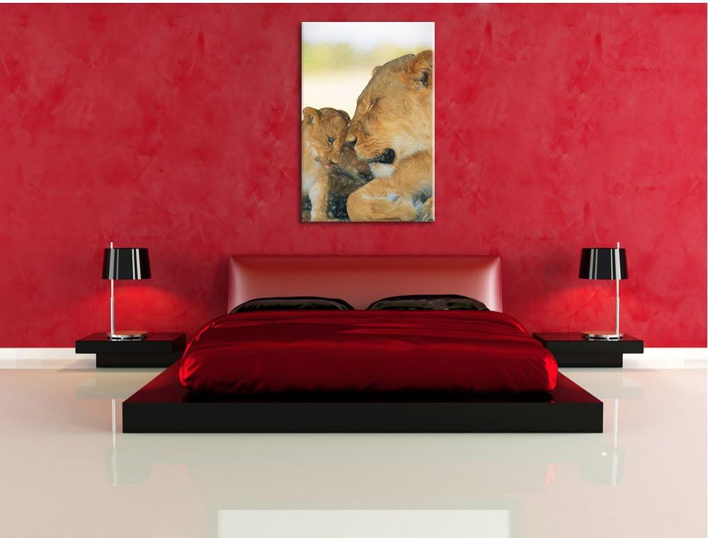 Pixxprint Löwenmutter schmusend mit Junges Bunstift Effekt, Format: 100x70 auf Leinwand, XXL riesige