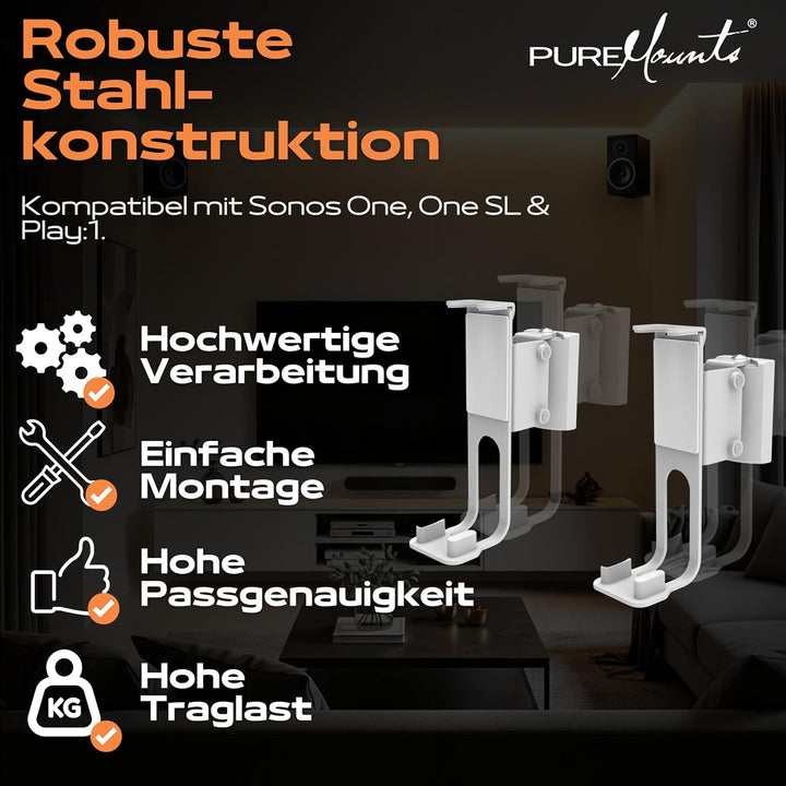 PureMounts, Lautsprecher-Halterung, Wandhalterung für Sonos One, One SL & Play:1, weiss Wandmontage