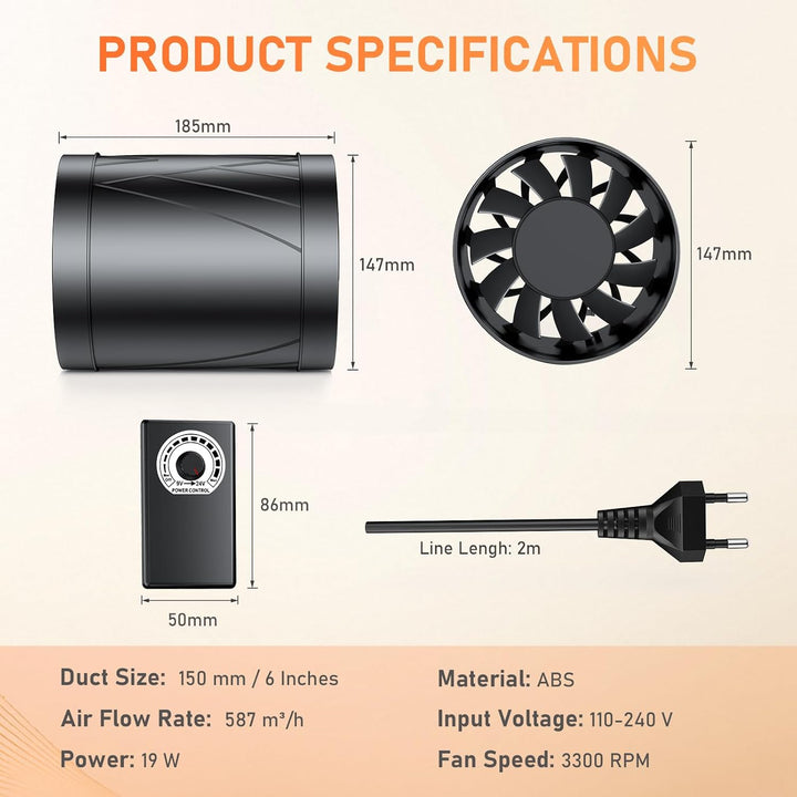 150mm Rohrventilator, 587 m³/h Rohrlüfter, Regelbar Rauchabzug Ventilator für Effiziente Luftzirkula