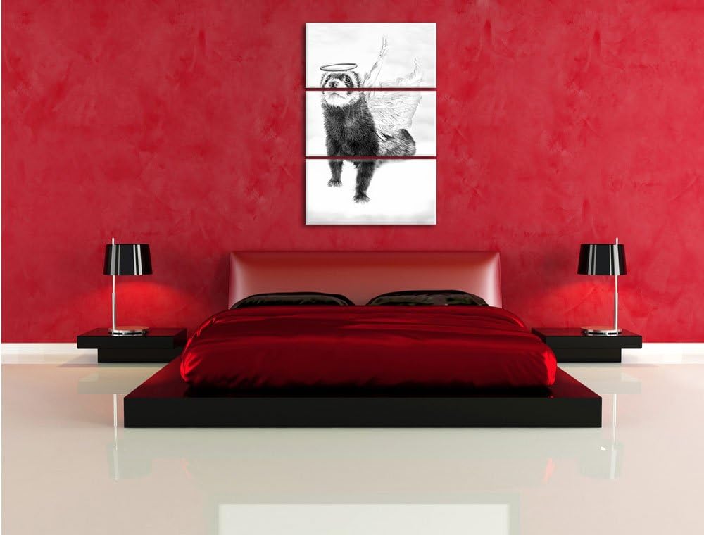 Pixxprint Süsses Frettchen im Engelsköstum Kunst B&W 3-Teiler Leinwandbild 120x80 Bild auf Leinwand