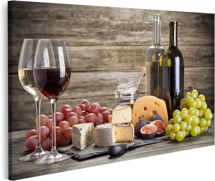 islandburner Bild auf Leinwand Wein Und Käse Stillleben Bilder Wandbilder Poster Leinwand 100x57cm,