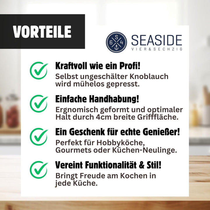 Seaside No.64 - Edelstahl Knoblauchpresse Garlic Press - Handlich & Robust - Zerkleinerer für Knobla