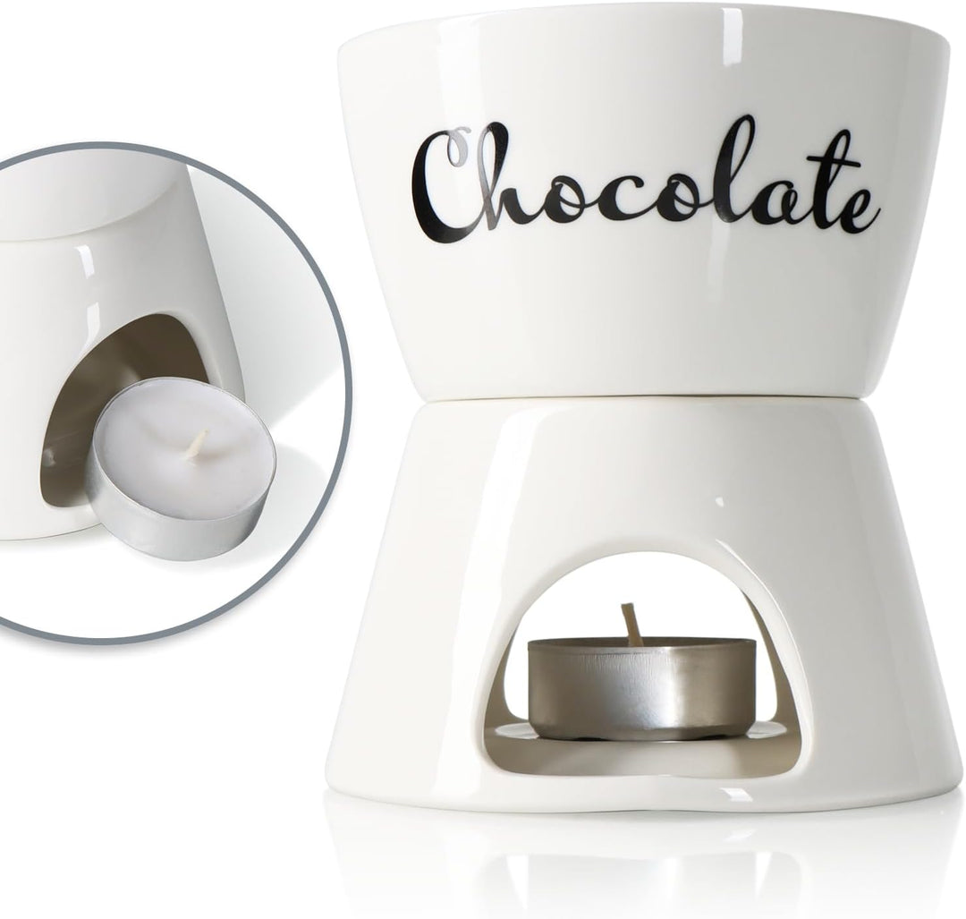 com-four® Schokoladenfondue-Set mit Schriftzug - Schmelztopf für Schokolade und Käse - Keramikschale