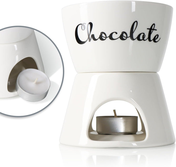 com-four® Schokoladenfondue-Set mit Schriftzug - Schmelztopf für Schokolade und Käse - Keramikschale