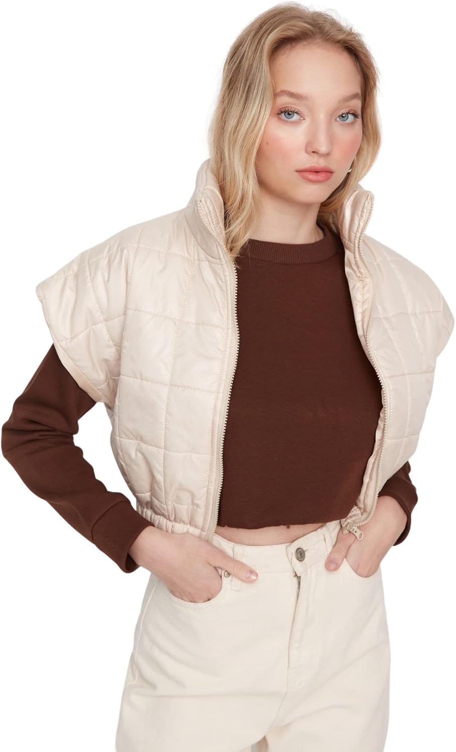 TRENDYOL Damen Standing Collar Plain Oversize Vest Sweater S Stone, S Stone