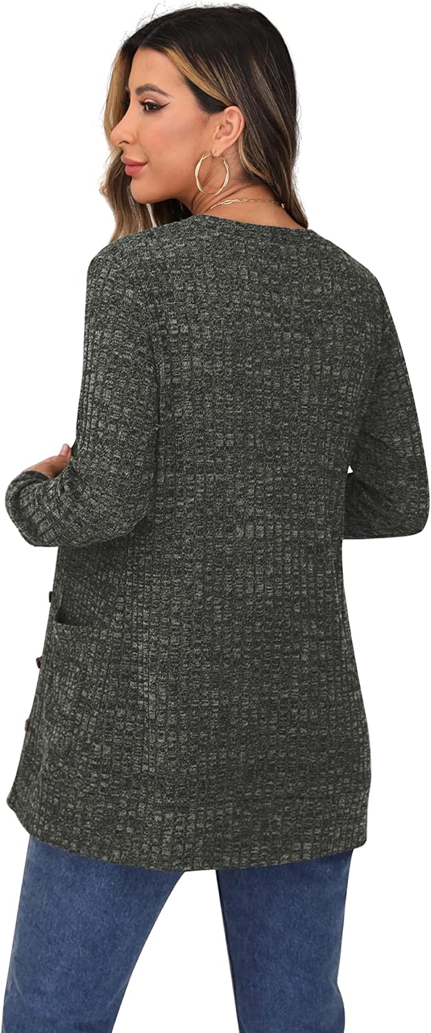 GRECERELLE Damen Leichte Strickjacke Lang mit Taschen und Knöpfen Long Elegant Cardigan V-Ausschnitt