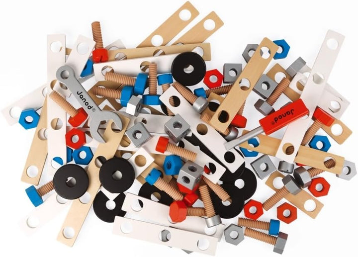 Janod - Brico'Kids Eimer mit 50 Teilen, Holz-Konstruktionsspiel und Spielzeugnachbildung, mit 5 Mode