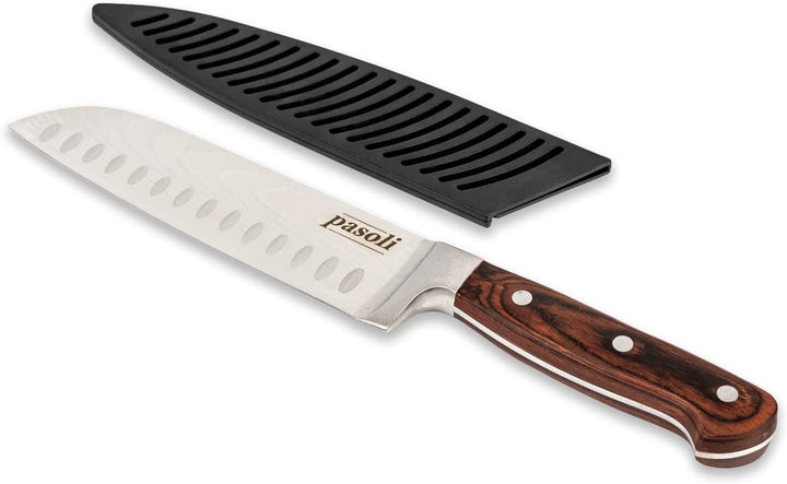 pasoli Professionelles Japanese Messer - Edelstahl mit Klingenschutz & edlem Holzgriff - Rasiermesse