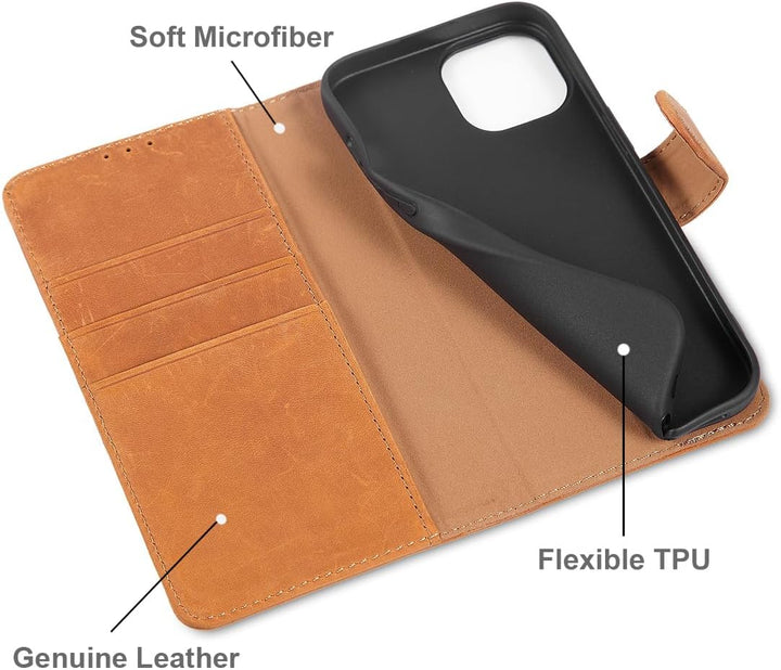 LENSUN Echtleder Hülle für iPhone 15, Handyhülle [Echtes Leder][Kartenfach][RFID Schutz] Handytasche