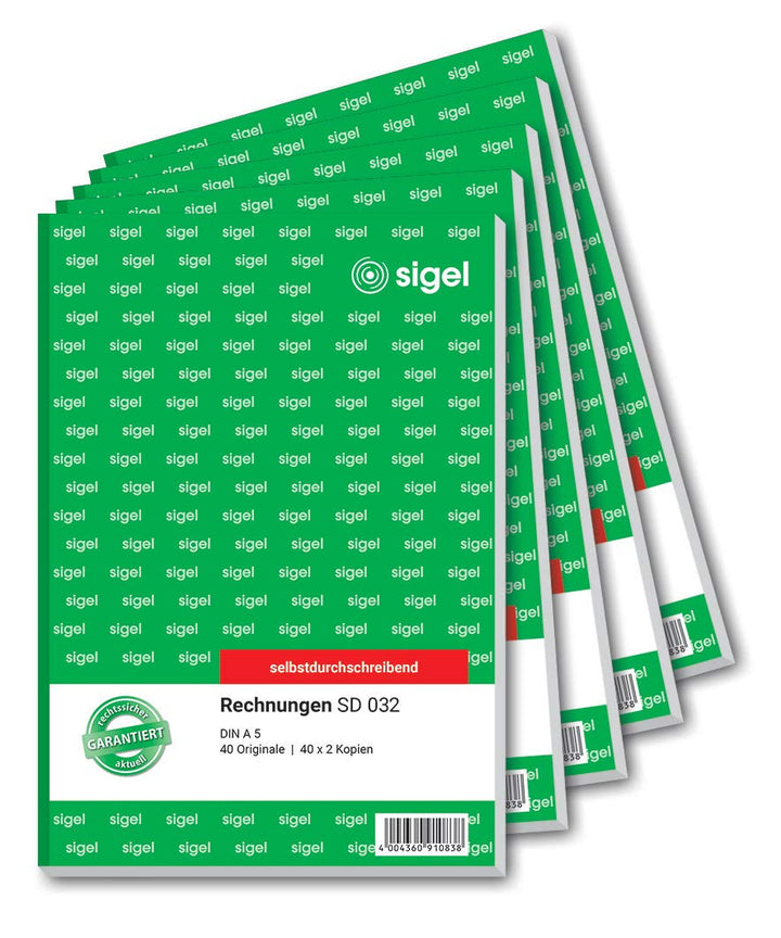 SIGEL SD032/5 Rechnungen, A5, 3x40 Blatt, selbstdurchschreibend, 5er Pack 5 Stück á 40 Blatt ohne Nu