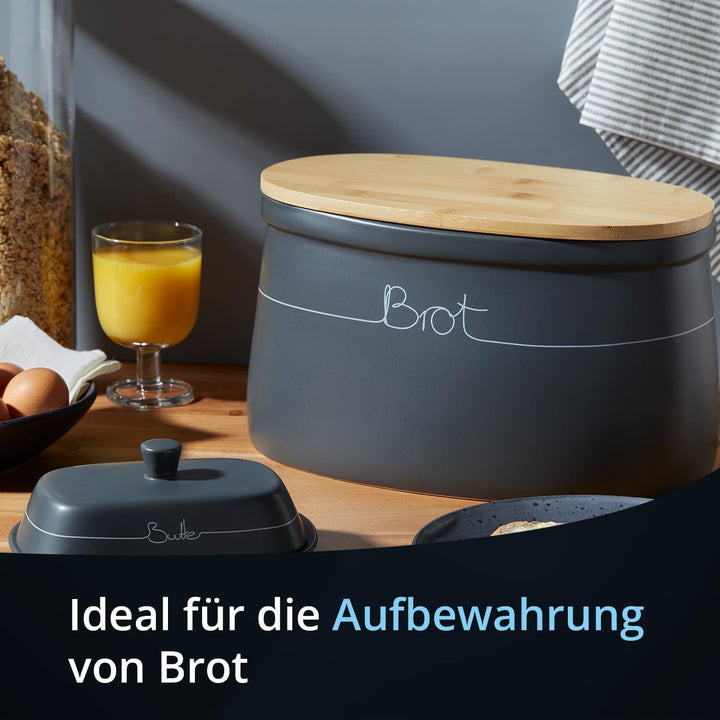KHG Brotkasten gross Keramik Steingut Grau Anthrazit, Holz-Deckel Bambus als Schneidebrett, Brot Auf
