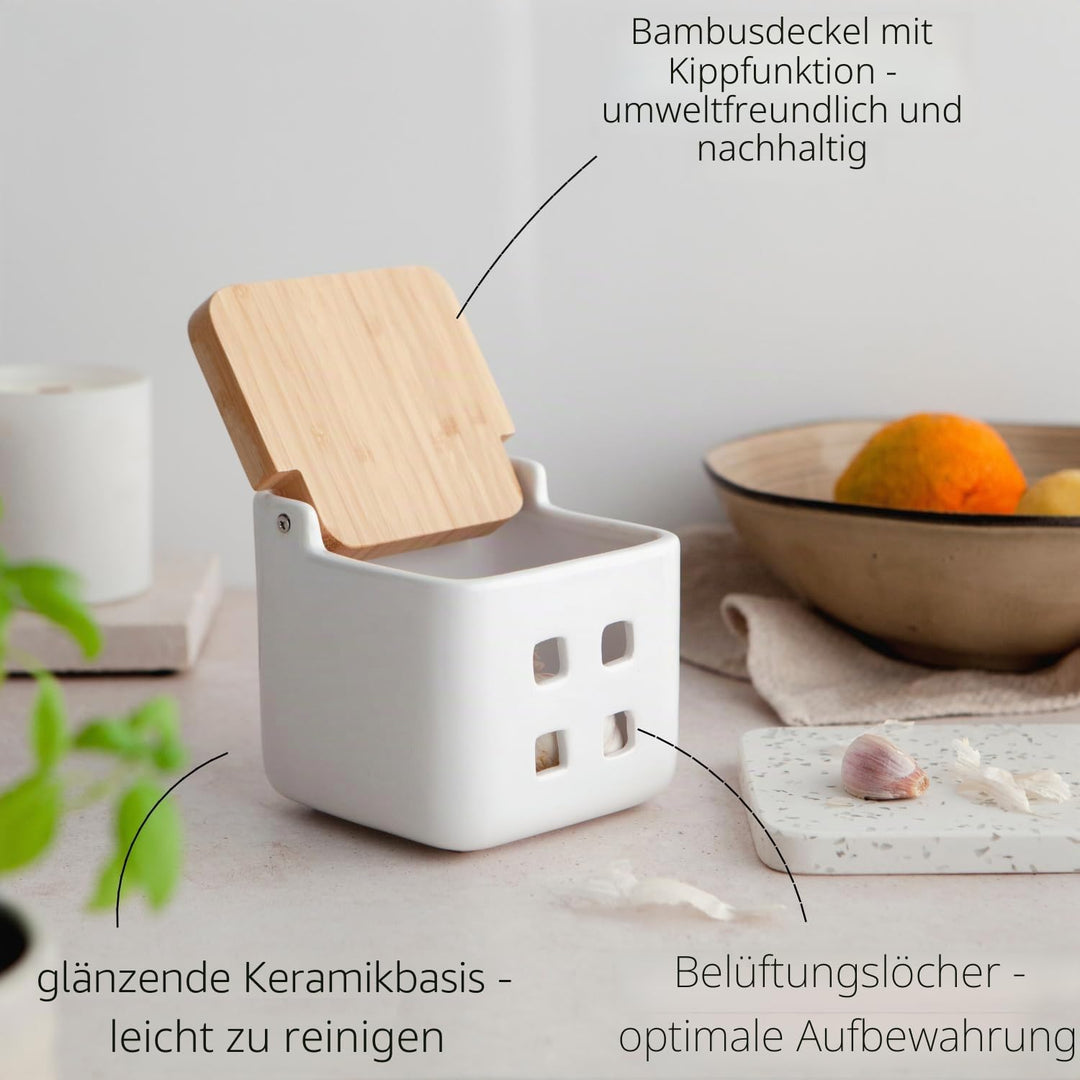 Zubehör-Set für Küche - inkl. 1 x Salzdose mit deckel und 1 x Knoblauch dose mit deckel aus Bambusho