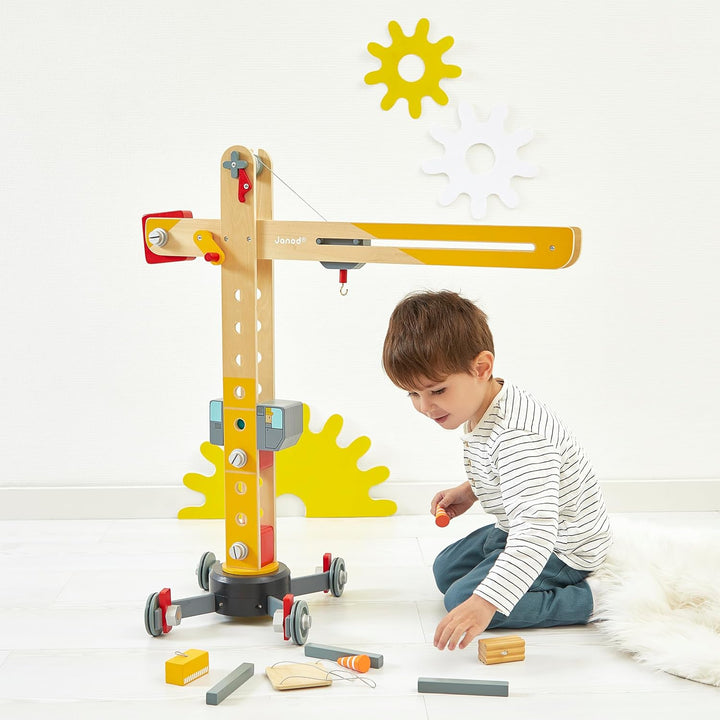 Janod - Grosser Holzkran 74 cm - Rollenspielzeug - Konstruktionsspiel - 360° Drehbar und Mobil - 12