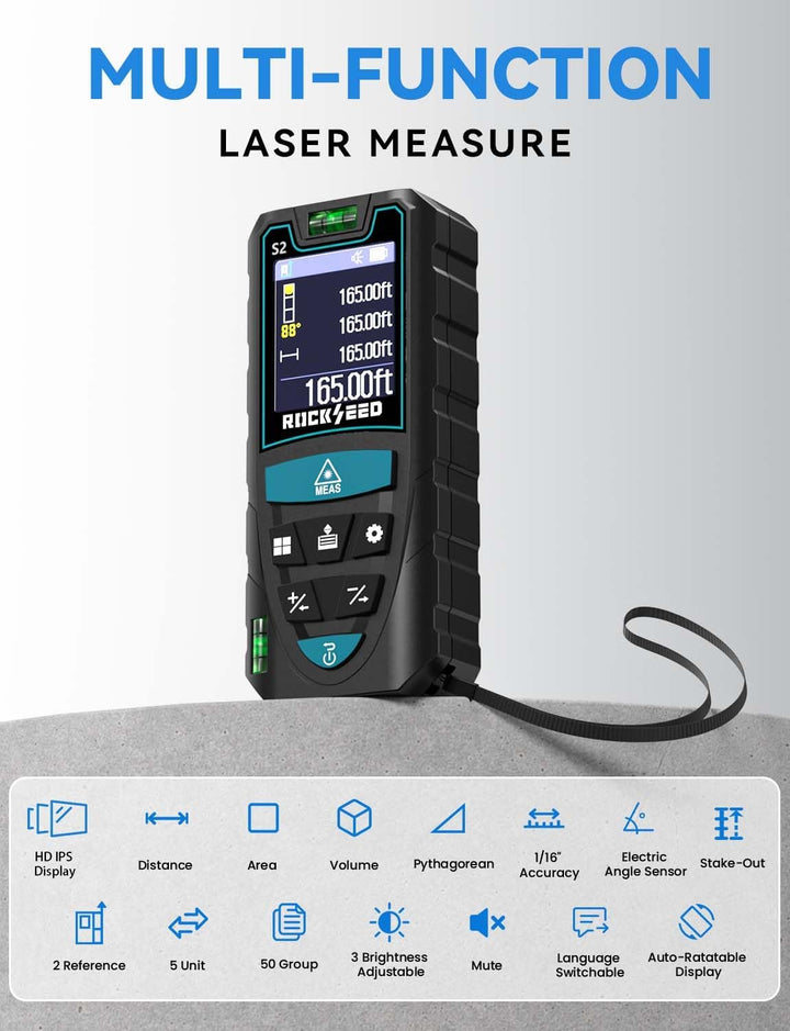 RockSeed Laser-Entfernungsmesser 50m, Drehbarer Farb-Bildschirm,5 Einheiten | 12 Messmodi, Elektroni