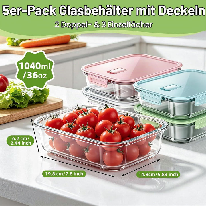 5 Stück Glasbehälter mit Deckel, 1040ml Meal Prep Boxen Glas, Glas Auflaufform für Airfryer Mikrowel