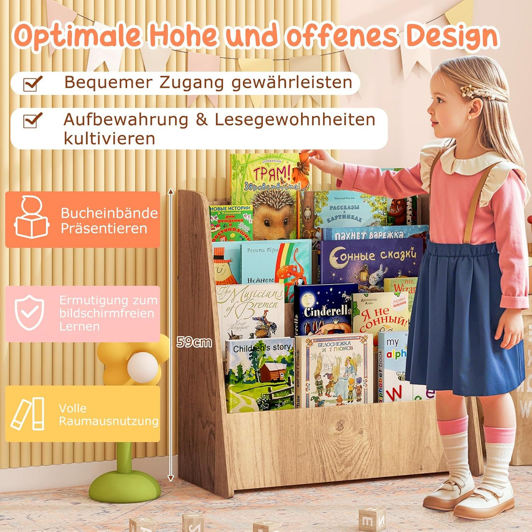 GOPLUS Bücherregal Kinder, Montessori Kinderregal mit 4 Ablagefächern, Kinderbücherregal Büchergeste