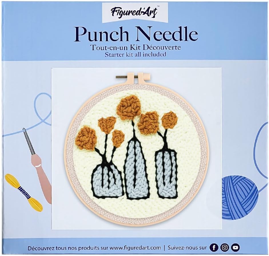 Figured'Art Punch Needle Set für Erwachsene - Stickerei, ideal für Anfänger - Blumen in Vasen - 20x2