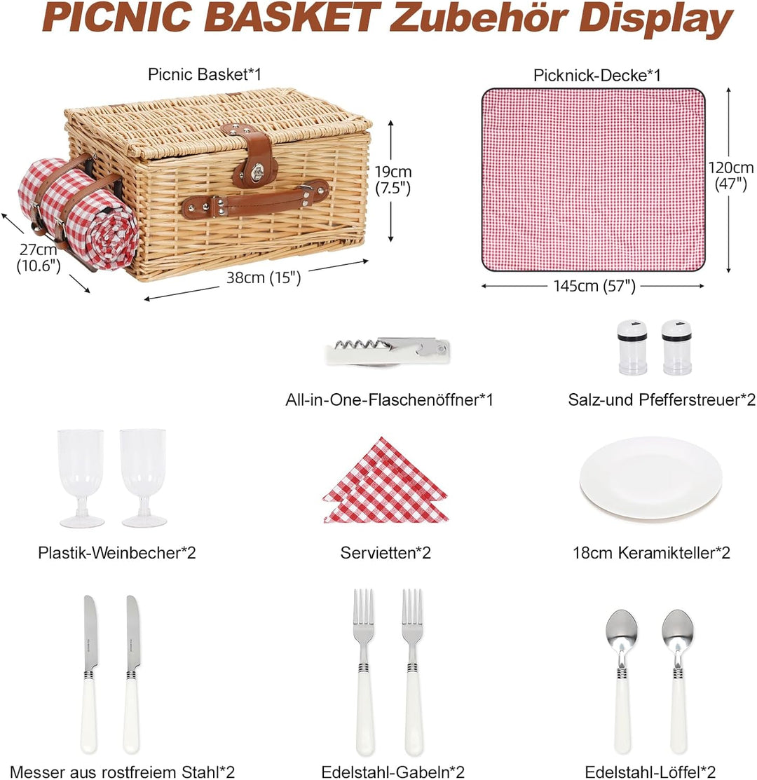 Picknickkorb für 2 Personen, Picknickkorb-Set mit Kühlfach und wasserdichte Picknickdecke, Besteck S