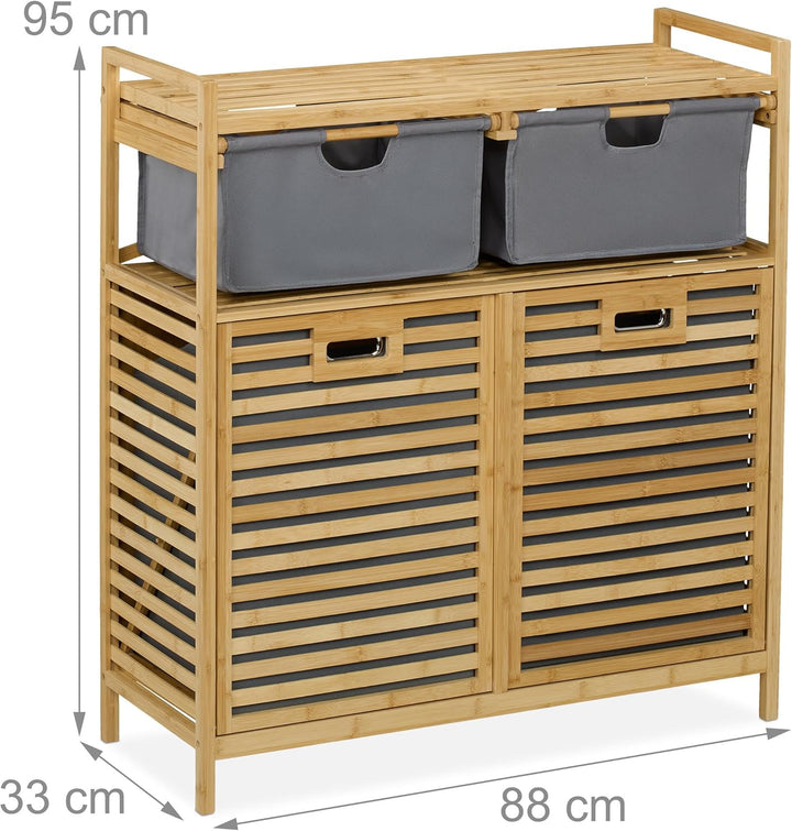 Relaxdays Wäschekorb, 2 kippbare Wäschesammler, je 40 Liter, 2 Schubladen, Bambus, Stoff, HBT: 95x88