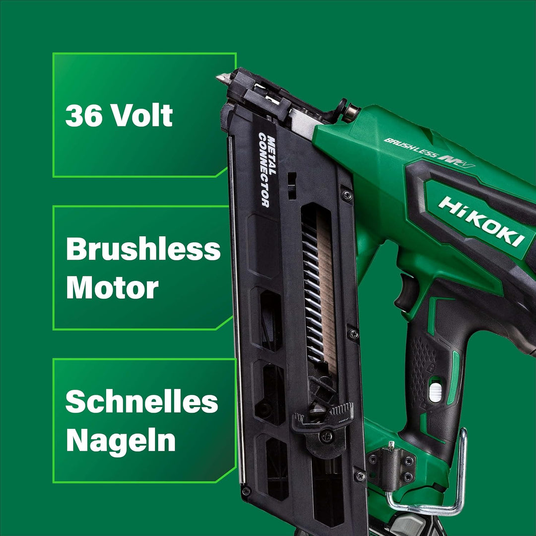 HiKOKI Akku-Ankernagler 34° - 36 V, 38-64 mm Nägel, 2 Nägel/Sek. - Brushless Motor, werkzeuglose Tie