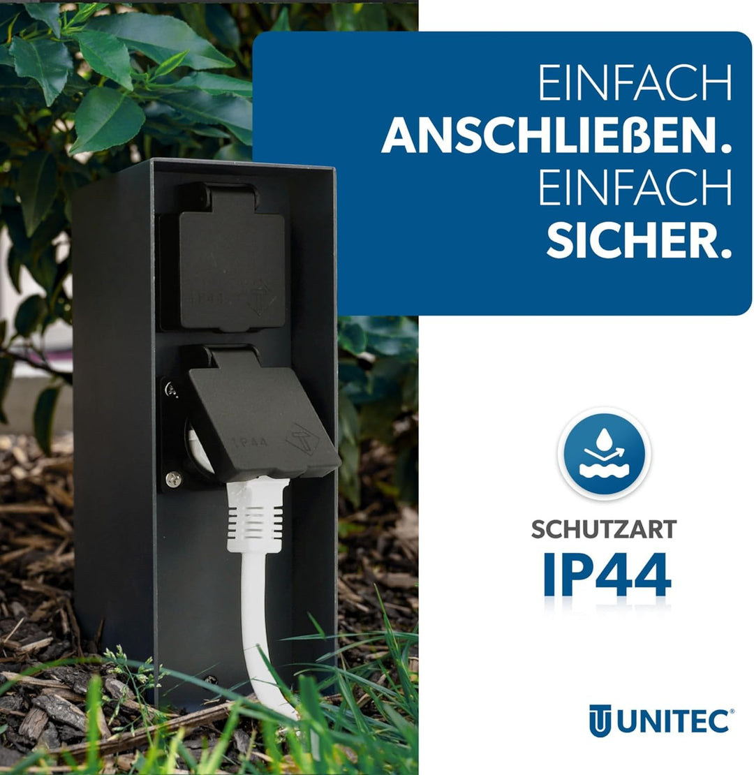 UNITEC Steckdosenverteiler für den Garten, Steckdosensäule mit Zeitschaltuhr, Aussensteckdose, Edels