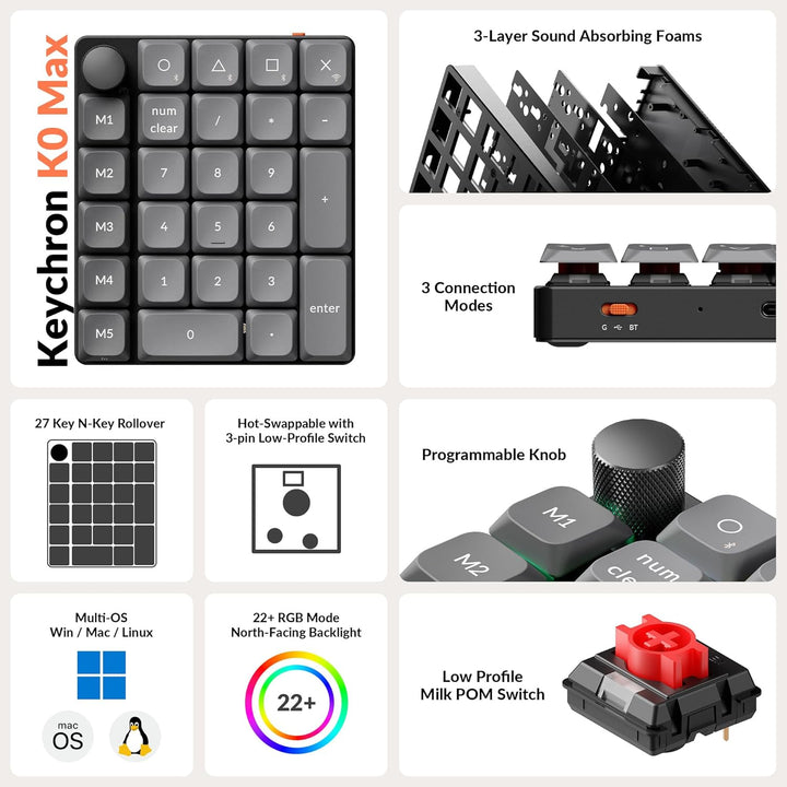 Keychron K0 Max Kabelloser Nummernblock, Low-Profile, programmierbar mit QMK/Launcher, 2,4 GHz & Blu