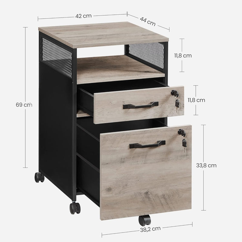 VASAGLE Hierarchivschränke, Büro-Schrank mit 2 abschliessbaren Schubladen, Rädern, offenem Regal, fü