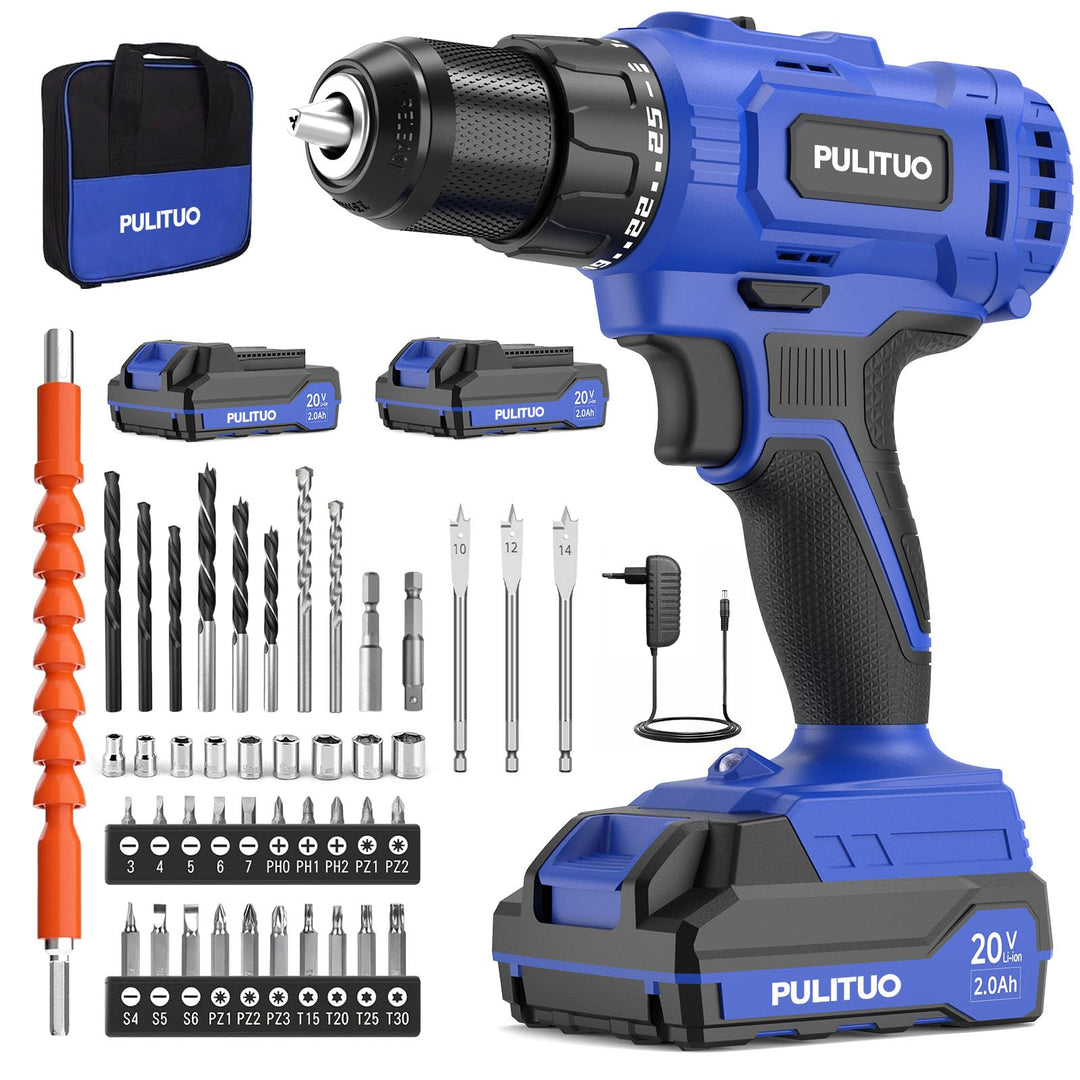 PULITUO Akkuschrauber Set, 20V Akku Bohrschrauber mit 2×2,0Ah Akkus, 45 Nm, 25+1 Drehmomentstufen, 1