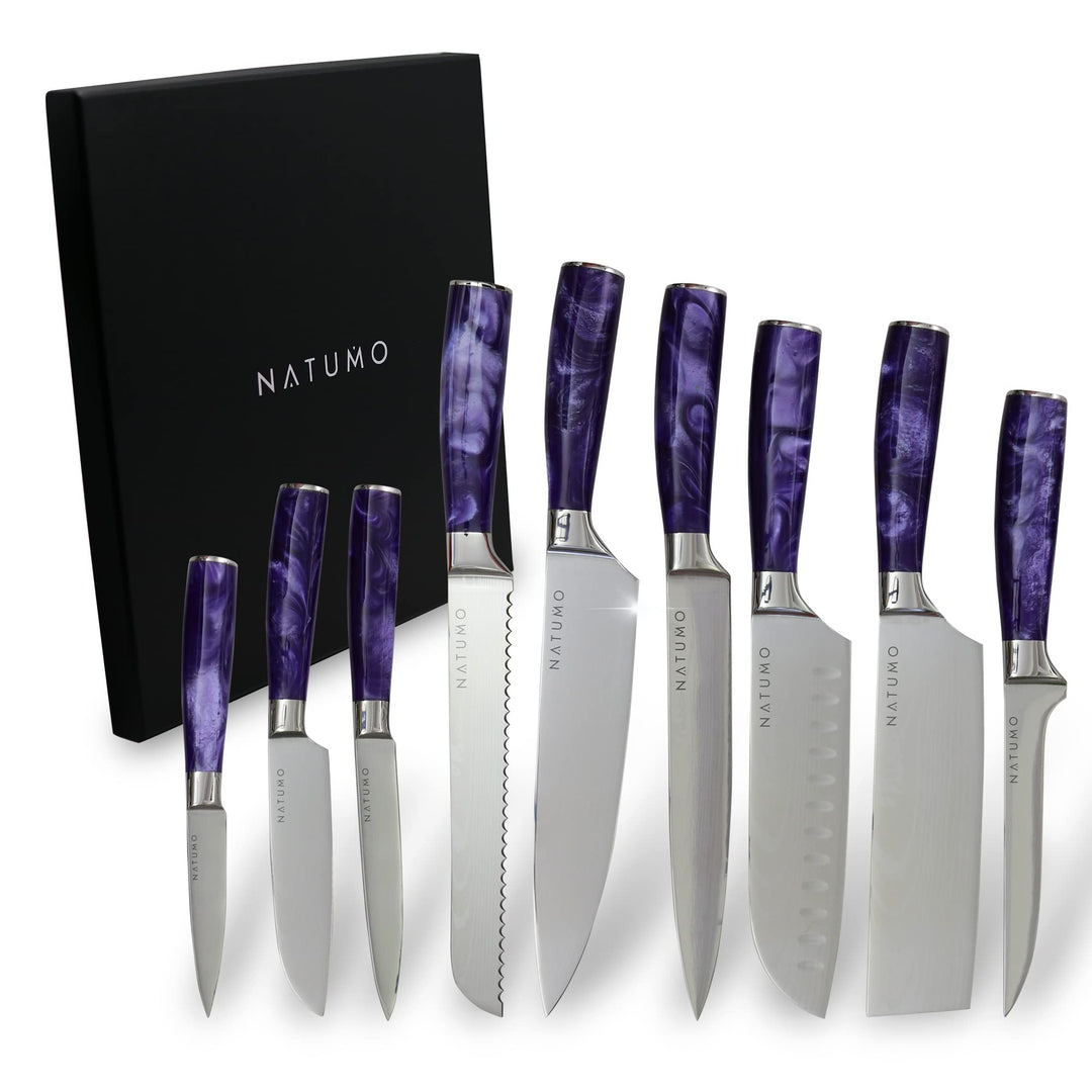 NATUMO Küchenmesser Set 9-teilig. HRC 56+ scharfes Messerset Profi in Damast-Optik aus Allzweckmesse