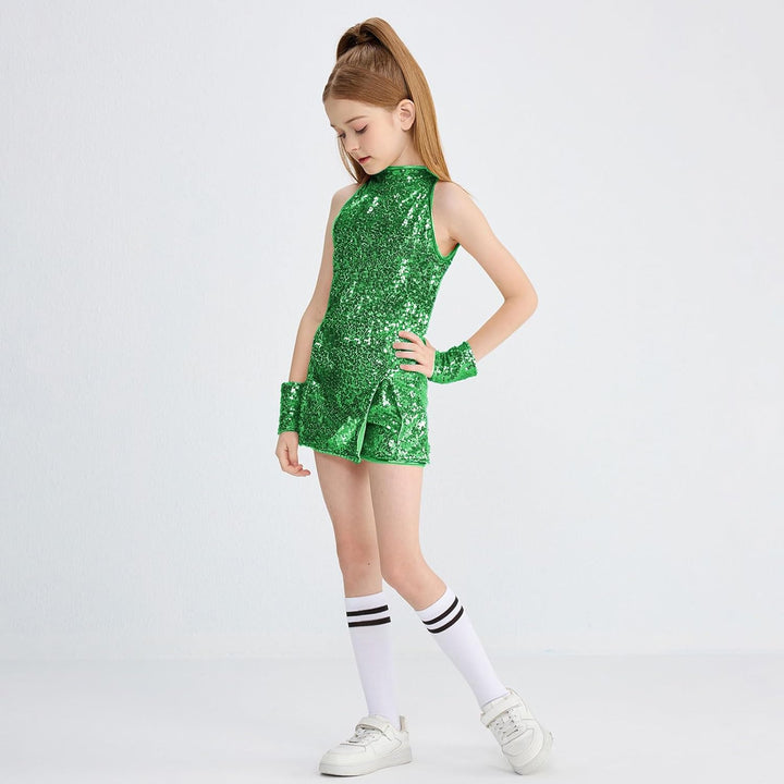 LOLANTA Mädchen Pailletten-Kostüm Hip Hop Dancewear Funkelndes Tanzkleid Gesetzt 8-9 Jahre Grün, 8-9