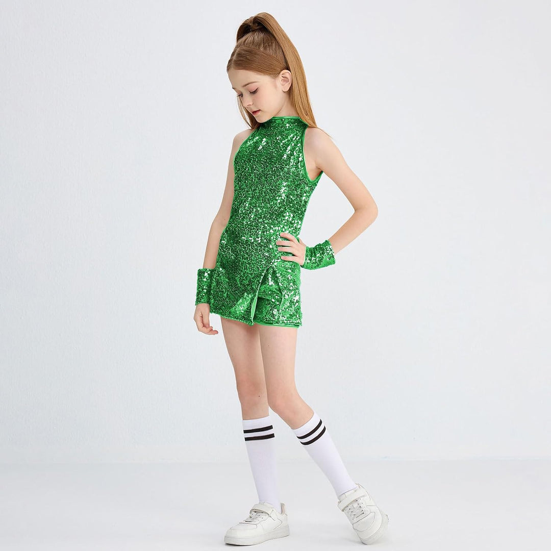 LOLANTA Mädchen Pailletten-Kostüm Hip Hop Dancewear Funkelndes Tanzkleid Gesetzt 10-11 Jahre Grün, 1