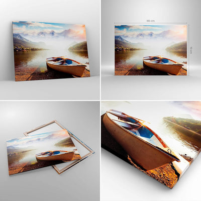 Bilder auf Leinwand 100x70cm Leinwandbild mit Rahmen Berge See Boot Gross Wanddeko Bild Schlafzimmer