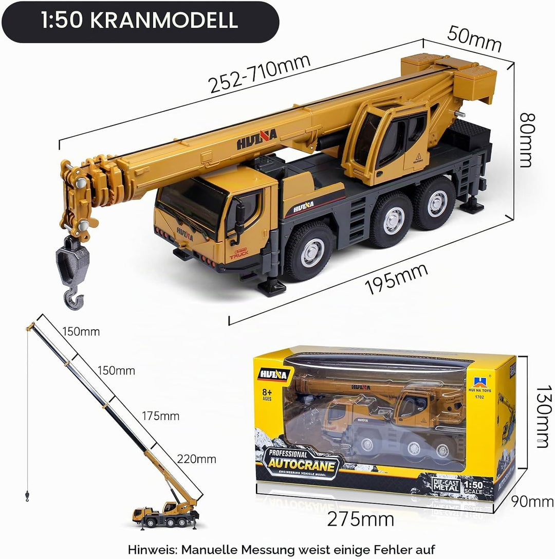 HUGMIE 1:50 Kran Spielzeug, Abschleppwagen Metall/Kunststoff, LKW Spielzeug Kran mit Ausfahrbarer La