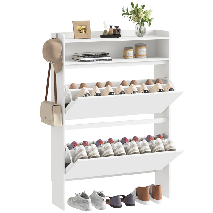 Asgolion Schuhschrank 2 Klappen, Schuhregal, offenes Fach, Schuhkommode Schuhregal mit Trennwände ve