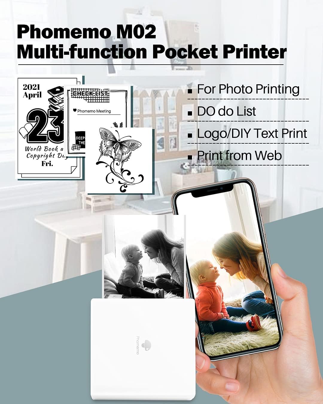 Phomemo-M02 Mini Bluetooth Taschendrucker Thermofotodrucker Tragbarer Empfangsdrucker, kompatibel mi