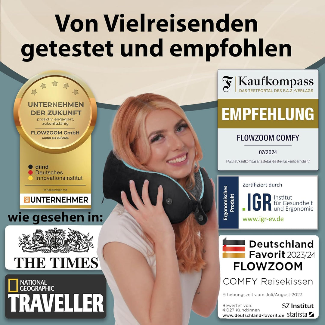 FLOWZOOM Comfy Nackenkissen für Flugzeug & Auto - Einstellbares Memoryschaum Nackenhörnchen mit flex